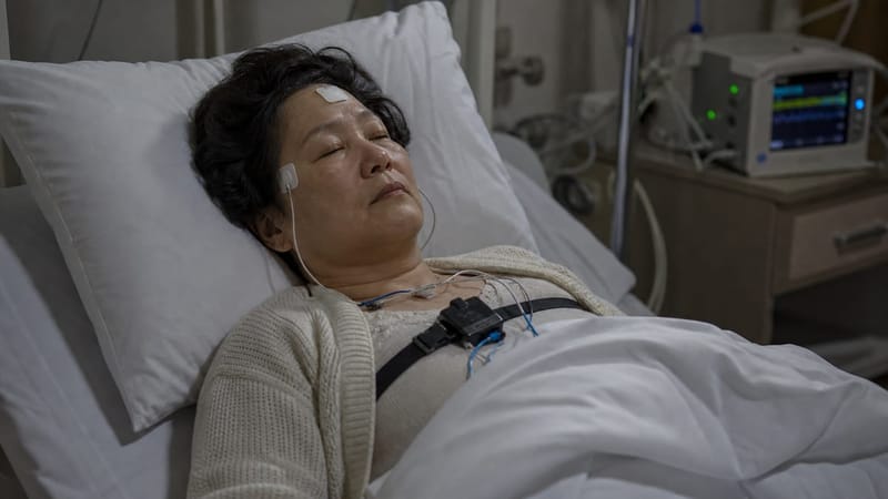 수면다원검사 중 센서를 부착하고 밤새 수면 상태를 기록하는 모습