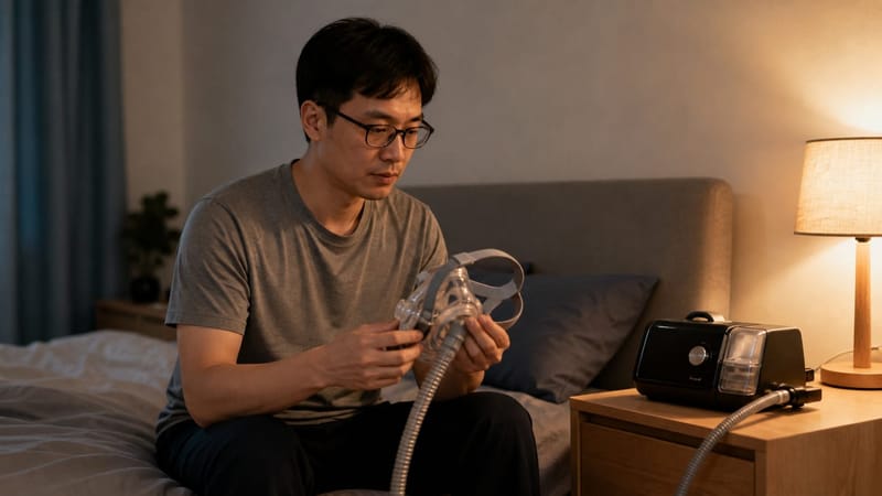 지속적 양압기(CPAP) 장치를 사용하는 모습