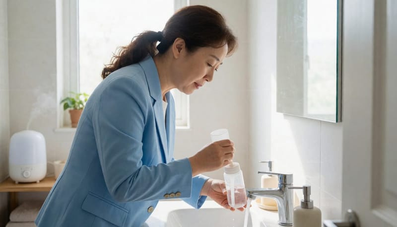 자기 전이나 아침에 생리식염수로 코를 세척하면 건조해진 점막을 가라앉히는 데 도움이 됩니다.