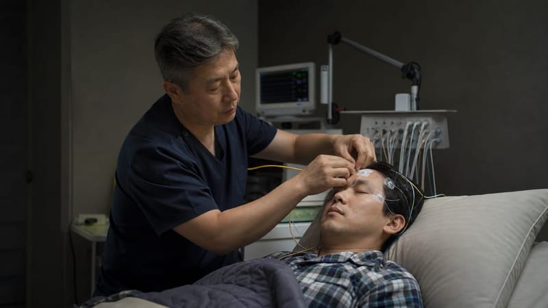 수면다원검사에서는 뇌파와 호흡, 산소포화도 등 여러 신호를 하룻밤 동안 함께 기록합니다.