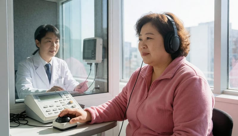 방음부스에서 헤드폰을 쓰고 진행하는 순음청력검사 모습