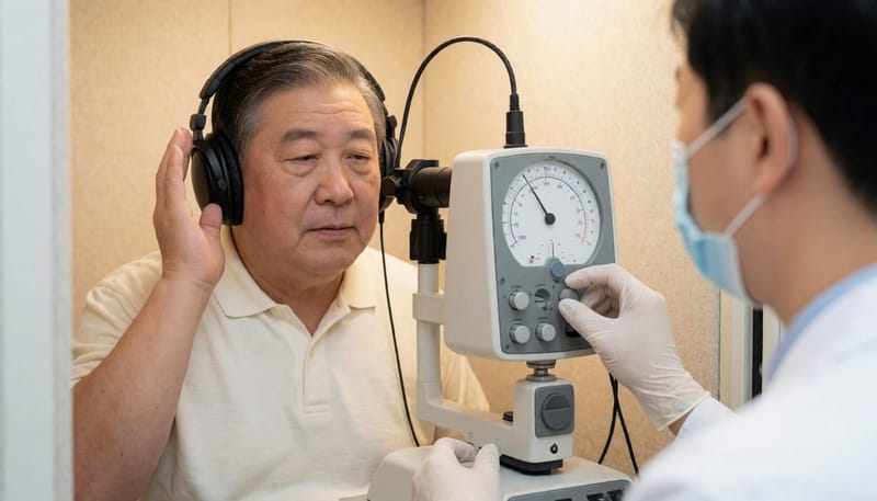 방음부스에서 진행되는 순음청력검사, 주파수별로 소리 크기를 달리해 가장 작게 들리는 소리를 찾습니다.
