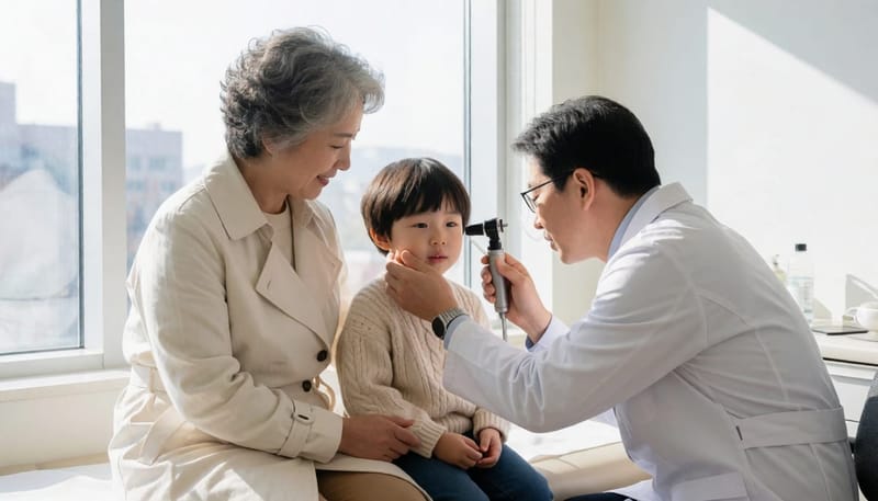 이경검사로 고막 상태를 확인하는 과정은 소아 중이염 진단의 첫 단계입니다.