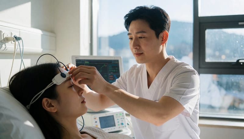 수면다원검사는 하룻밤 동안 뇌파와 호흡 상태 등을 기록하는 검사입니다.