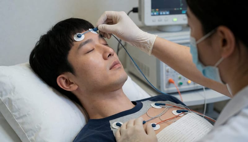 수면다원검사는 뇌파, 호흡, 산소포화도를 동시에 기록해 호흡 이상을 숫자로 확인합니다.