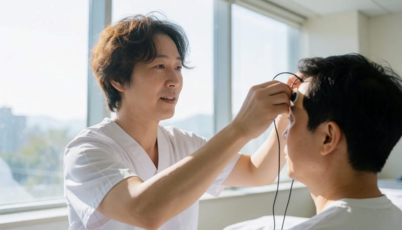 수면다원검사 당일, 뇌파와 호흡을 측정하는 센서를 부착하는 과정