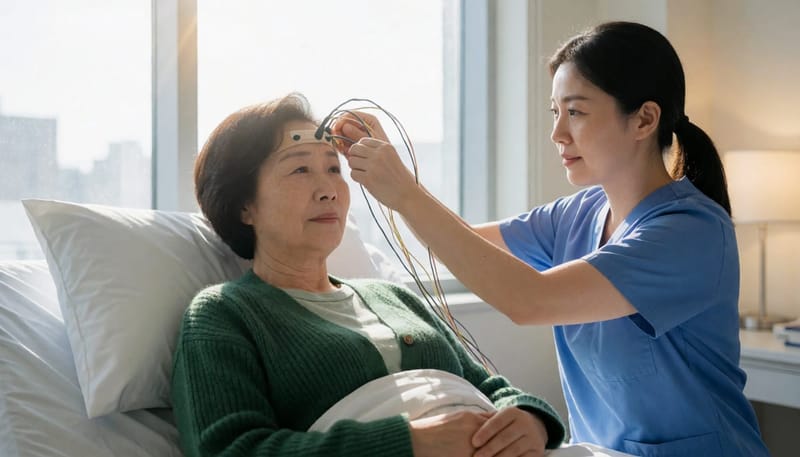 수면다원검사실에서는 뇌파부터 산소포화도까지 여러 센서를 부착한 뒤 밤새 수면 상태를 기록합니다.