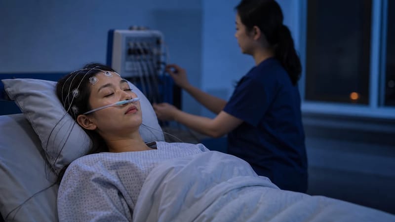 수면다원검사는 뇌파와 호흡, 산소포화도 등을 동시에 기록합니다.