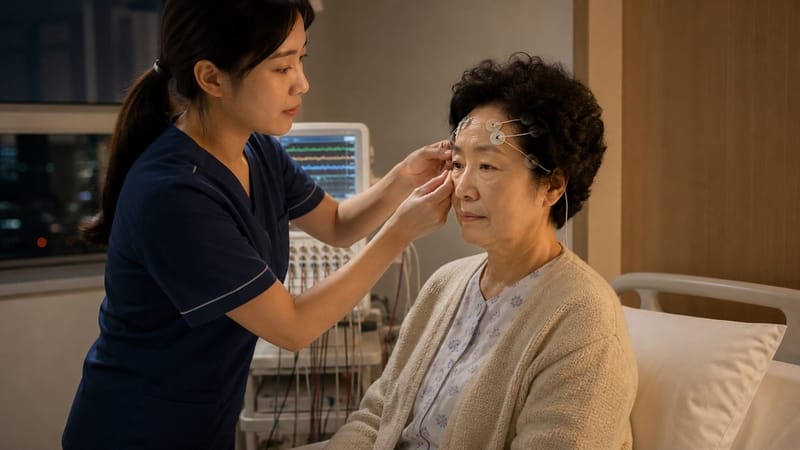 수면다원검사는 이마와 눈가, 턱, 다리에 전극을 부착한 뒤 하룻밤 입원해 진행됩니다.