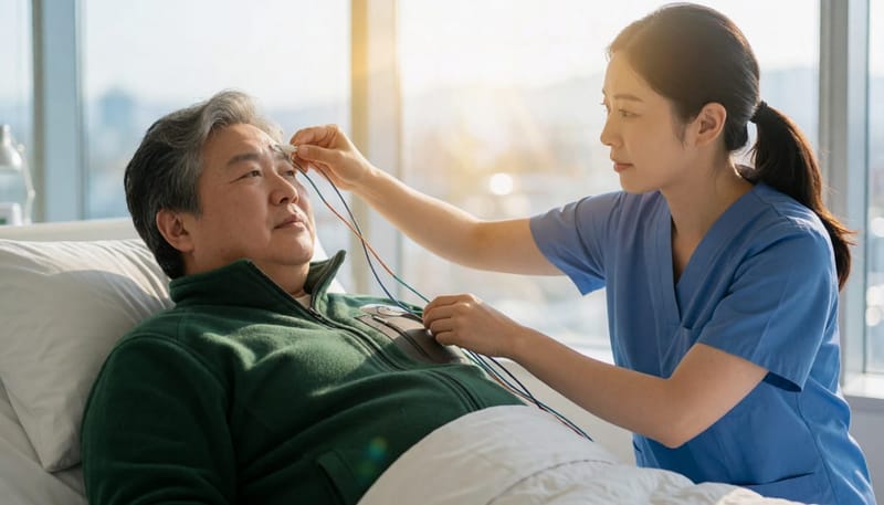 검사 당일에는 머리와 가슴, 다리에 전극을 부착하는 데만 30분에서 1시간 정도가 걸립니다.
