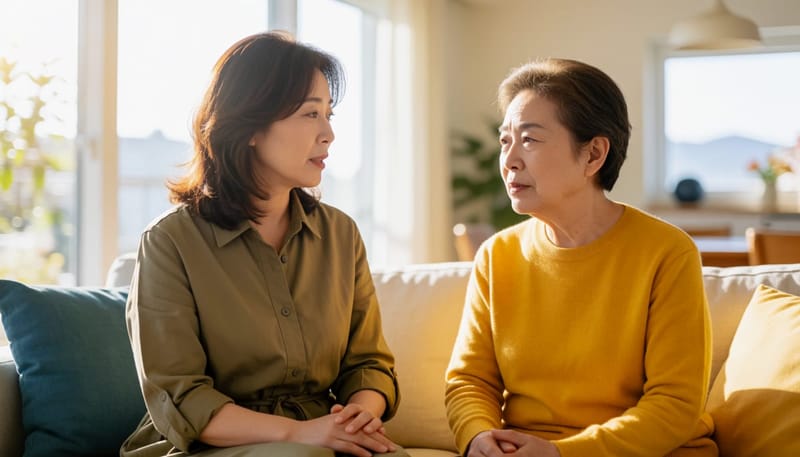 세대 간 코골이 변화에 대해 이야기를 나누는 가족