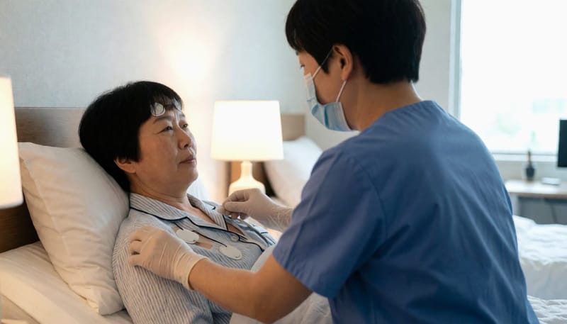 수면다원검사는 하룻밤 동안 뇌파와 호흡, 산소포화도를 함께 기록하는 검사입니다.