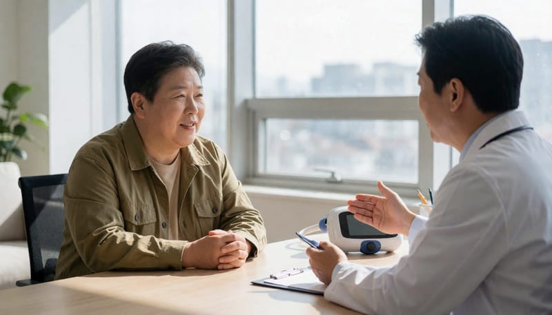 양압기 사용법에 대해 상담받는 모습입니다