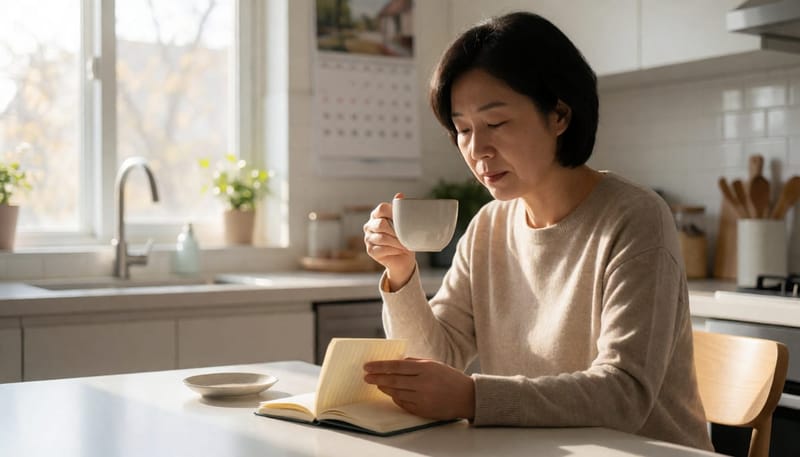 아침 식탁에서 피곤한 표정으로 수면 기록을 살펴보는 중년 여성