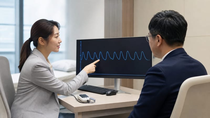 건강검진 상담실에서 수면 관련 검사 결과를 확인하는 모습