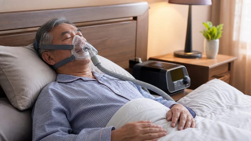 지속기도양압기(CPAP)를 착용하고 수면을 취하는 모습
