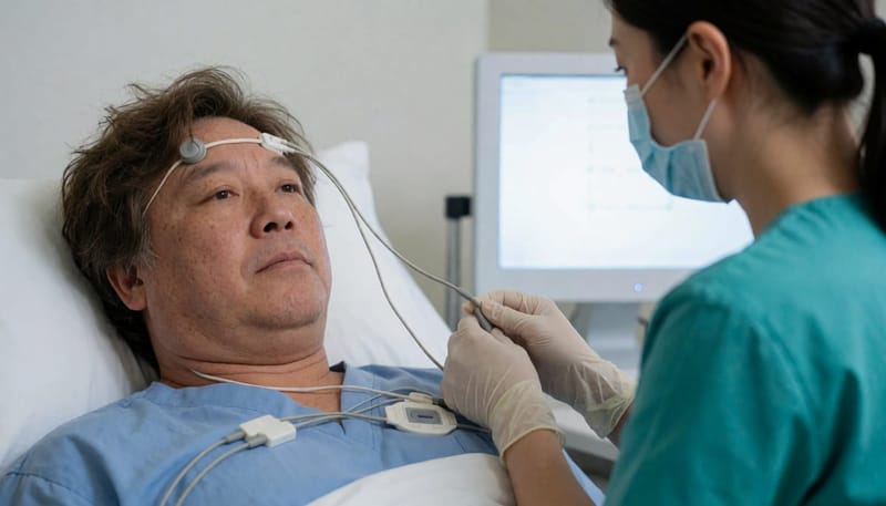 수면다원검사에서 사용하는 센서를 부착한 모습을 보여주는 사진입니다.
