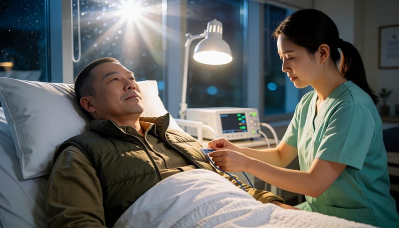 수면다원검사는 하룻밤 동안 뇌파와 호흡, 산소포화도 등 여러 지표를 함께 기록합니다.
