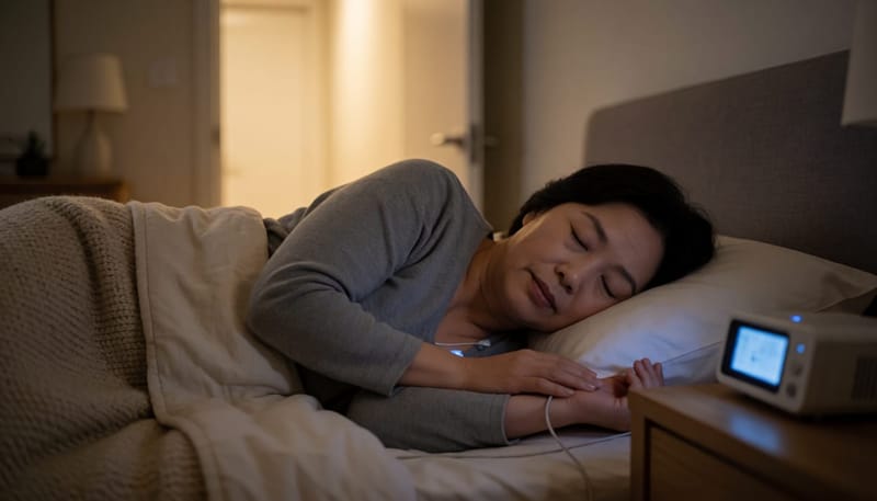 수면다원검사를 위해 센서를 부착한 채 잠든 여성의 모습
