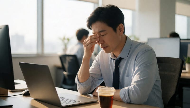 낮 시간 피로감을 느끼며 눈을 비비는 직장인 남성의 모습