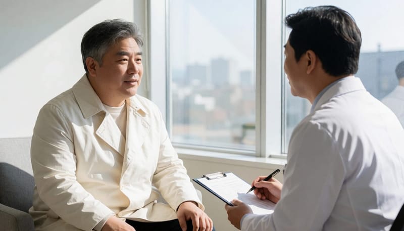 생애주기에 따라 달라지는 코골이 증상을 상담하는 모습