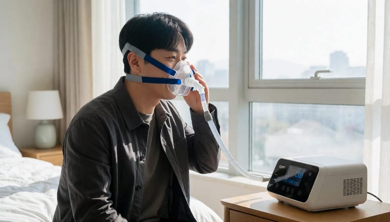 집에서 양압기 마스크를 착용해보는 모습