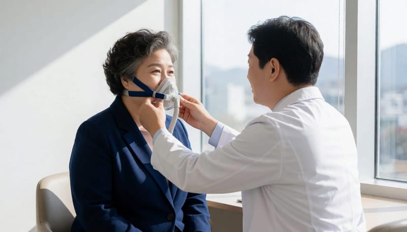 양압기 마스크는 처음 착용할 때 압력과 밀착도를 함께 맞춰봅니다.