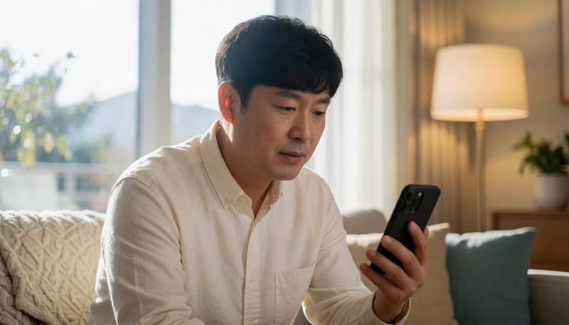 밤늦게 코골이와 수면무호흡 관련 정보를 찾아보는 모습