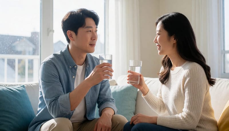 물을 마시며 턱밑을 마사지하는 남성
