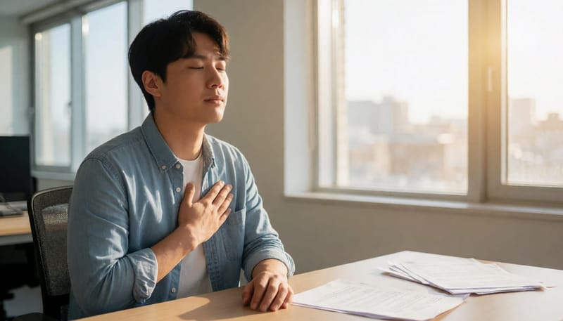 흐트러진 책상 옆에서 눈을 감고 심호흡하는 남성