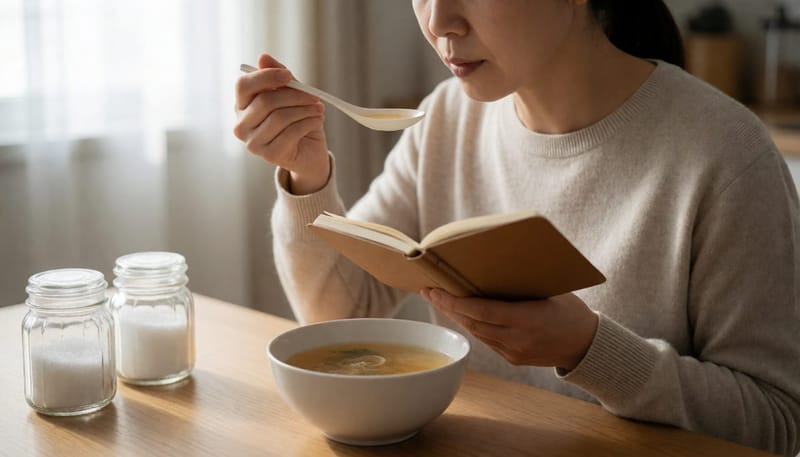 짠맛과 단맛을 하나씩 확인하며 2주 자가관리를 시작하는 모습