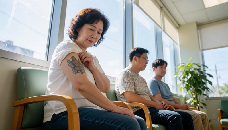 시간이 지나 흐릿해진 문신을 바라보는 여성의 모습