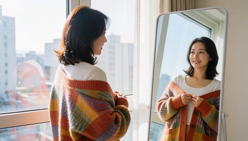 헐렁해진 가을 옷을 거울로 확인하는 여성