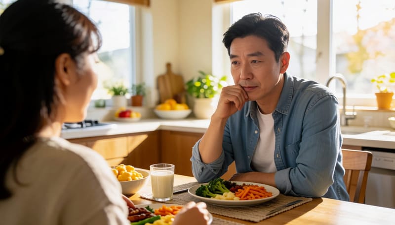 입맛이 없어 식사를 남기는 남성