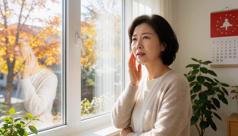 환절기 아침 햇살 속에서 잇몸 통증에 손을 대는 여성