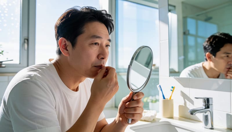 거울로 벌어진 치아 사이를 확인하는 남성
