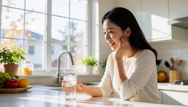 찬물을 마시다 시림에 손을 대는 여성의 모습