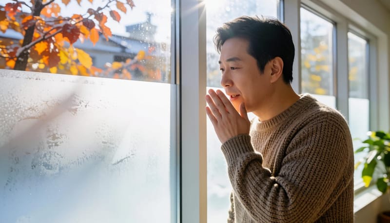 환절기 찬 공기 속에서 입가를 만지는 남성의 모습