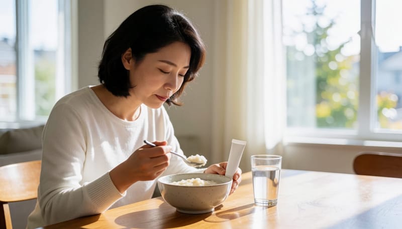 자극이 적은 음식을 먹으며 관리하는 여성의 모습