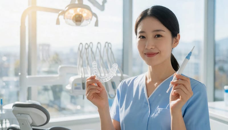 미백 트레이와 미백펜을 비교해 보여주는 치과 위생사의 모습
