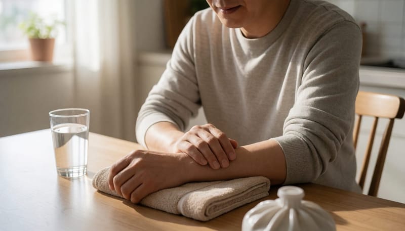 아침 식탁에서 팔꿈치 바깥쪽을 스스로 마사지하는 남성