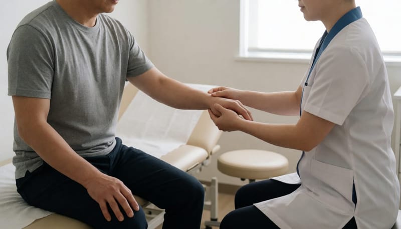 물리치료사가 저항 검사로 팔꿈치 바깥쪽 통증 유발 검사를 하는 모습