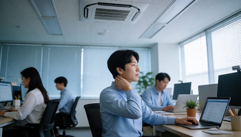 에어컨 바람이 목덜미로 직접 향하는 사무실 환경에서 뒷목을 짚는 직장인