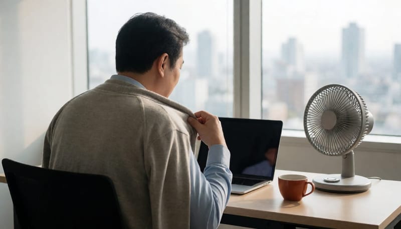 사무실에서 카디건을 걸치고 바람 방향을 조절하며 대처하는 직장인