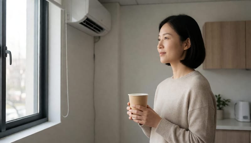 에어컨을 배경으로 따뜻한 물을 마시며 생각에 잠긴 여성, 오해에 대한 은유적 장면