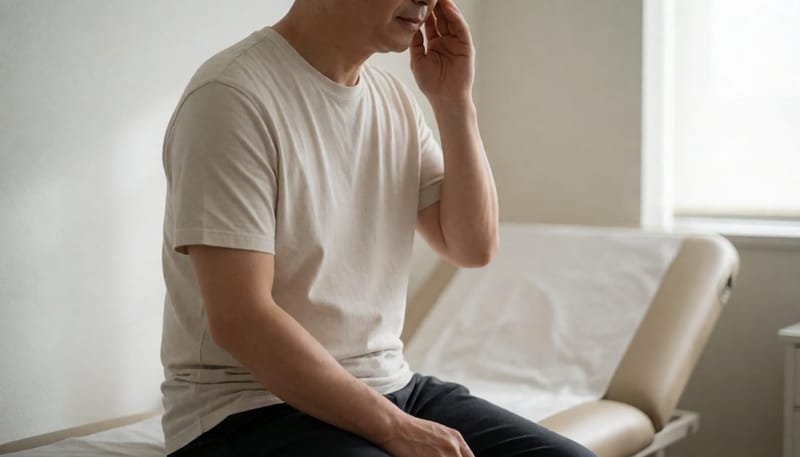 턱을 만지며 경직을 느끼는 남성의 옆모습