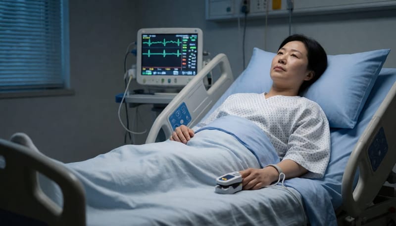 심전도 모니터 옆에 누워있는 환자의 병상 전경