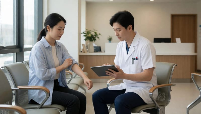 간호사가 환자의 접종 이력을 확인하는 모습