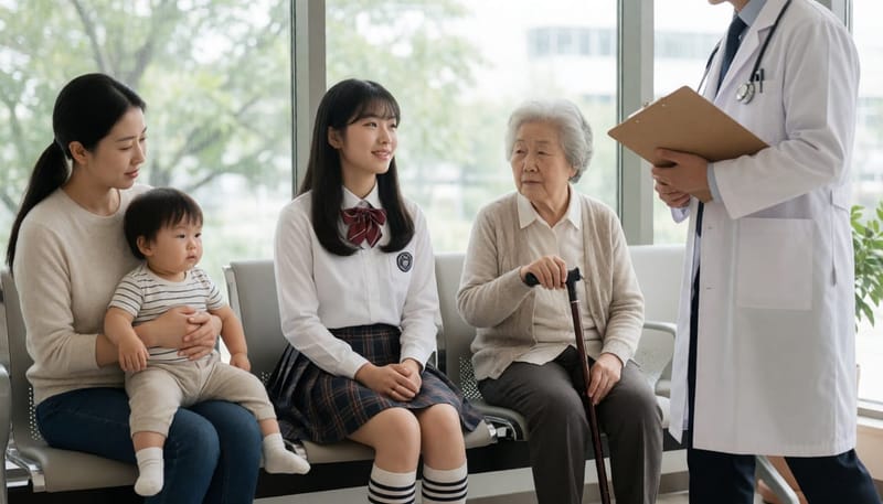 소아부터 어르신까지 다양한 연령대가 함께 있는 병원 대기실 풍경