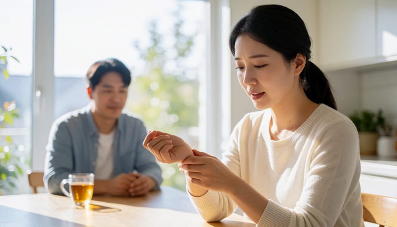 아침에 손목을 돌려보며 상태를 살피는 여성